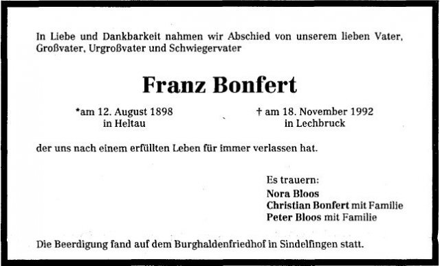 Bonfert Franz 1898-1992 Todesanzeige